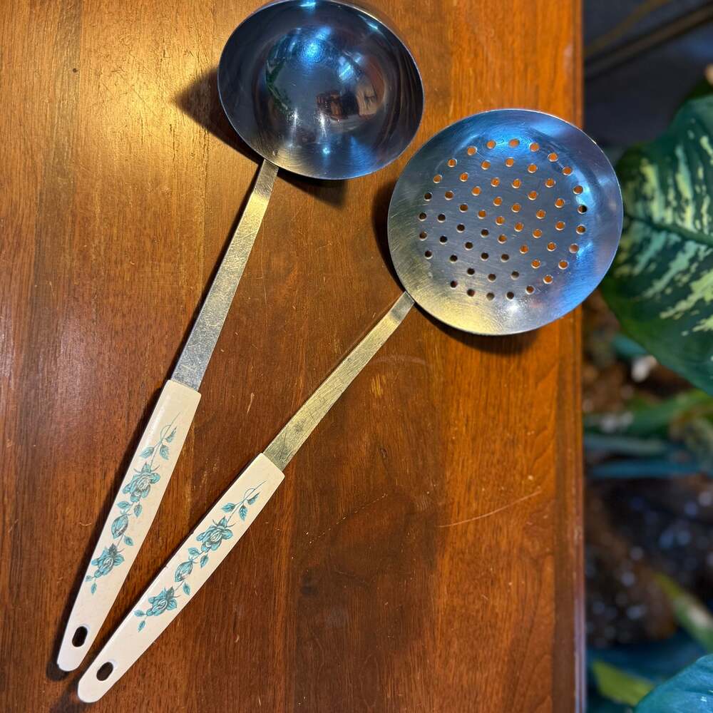 Vintage Kaylan Blue and White Enamelware Slotted Skimmer and  Ladle